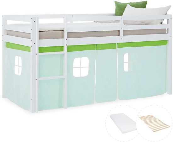 Lit mezzanine Homestyle4u - 90x200 cm - vert - avec sommier à lattes et matelas