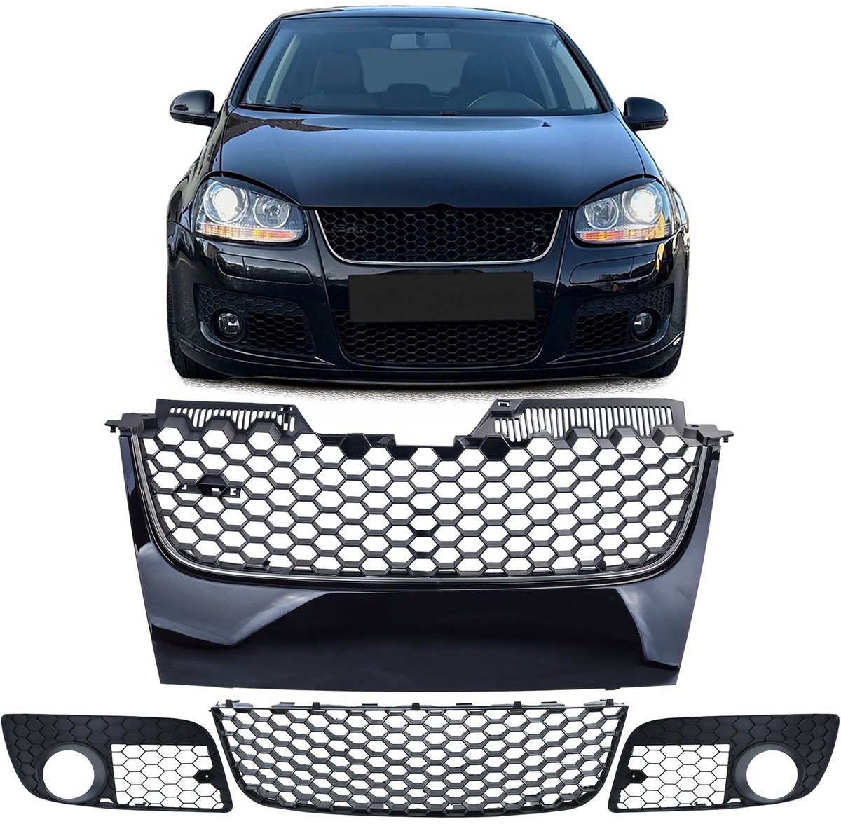 Honingraat Grille + Bumper Grille set 3 delig Geschikt Voor VW Golf 5 GTI Bumper (2003-2009) Zwart Glanzend met Chrome Strip | Perfecte Pasvorm