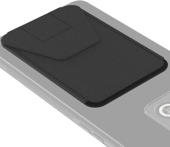Zwarte, leren pasjeshouder met een vouwsluiting, bevestigd aan de achterkant van een telefoon.
