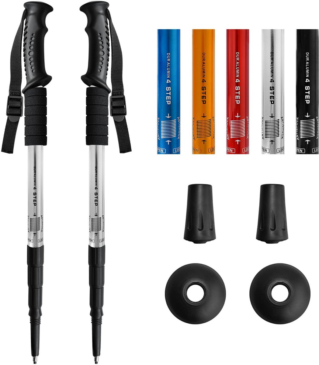 Ynaice wandelstokken, 2-pack telescopische wandelstokken aluminium ultralichte trekkingstokken voor vrouwen kinderen mannen wandelstok verstelbaar 110cm - zilver