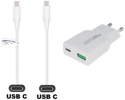 OneOne 20W snellader met 2 poorten + 2,0m extra sterke USB C naar C kabel. PD PPS lader. GAN oplader adapter past op Universeel Asus, ZTE, Fairphone, Sony Xperia, OPPO, Apple iPhone / iPad, Nokia, Acer, BlackBerry, Anker (Soundcore), Archos, Bose