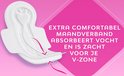 Wit maandverband dat vocht absorbeert en zacht is voor de v-zone. Roze achtergrond.