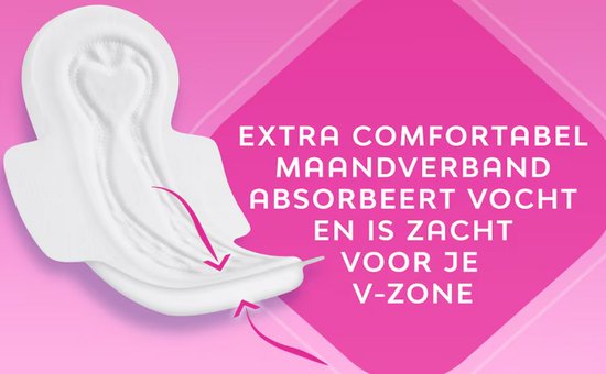 Wit maandverband dat vocht absorbeert en zacht is voor de v-zone. Roze achtergrond.