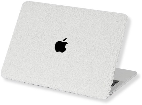 Couverture MacBook en tissu teddy blanc avec logo Apple noir, ouverte.