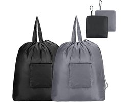 2 Stuks - Reis Waszakken - Opvouwbare Waszak voor op Reis - Wasbare Waszak met Trekkoord en Handvat - voor Studentenhuisvesting, Reizen, Kamperen - Zwart en Grijs (51*57 CM)