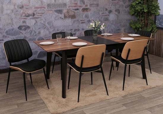 Set van 6 eetkamerstoelen MCW-O44, keukenstoel Stoel, gebogen hout kunstleer Oeko-Tex MVG ~ naturel, zwart