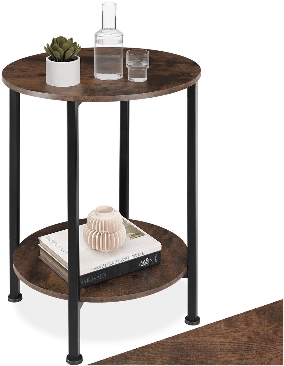 tectake® Ronde Bijzettafel van Hout en Metaal - Industrieel Design, Salontafel met 2 Planken - Voor Woonkamer, Slaapkamer - Diameter 45 x 64 cm - Zwart Metalen Frame - (Industrieel Donkerbruin)