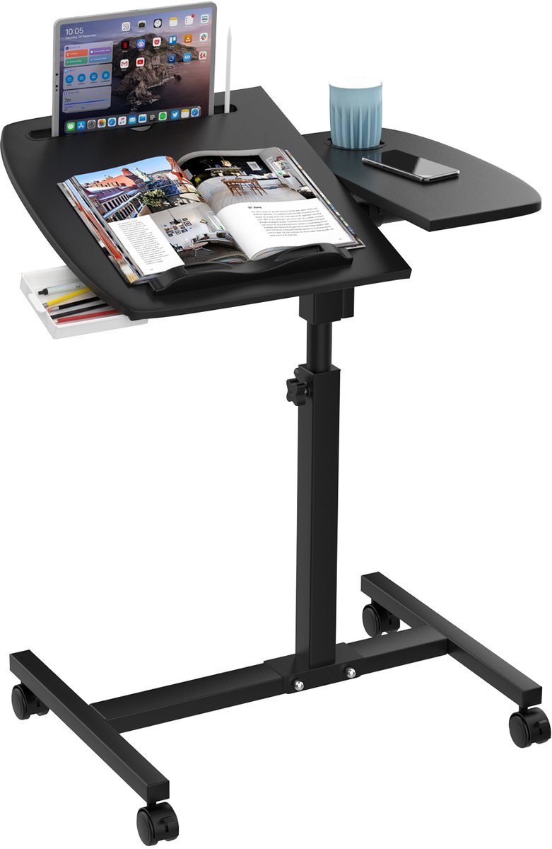 PIPIPOXER- Laptoptafel en Bijzettafel op wielen – bedtafel – laptoptandaard – In hoogte verstelbaar-Zwart