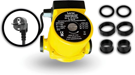 Gele circulatiepomp met aansluitingen en toebehoren, inclusief stekker en ringen. Label met 'LORAC CIRCULATING PUMP RS-Q 25/4-130'.