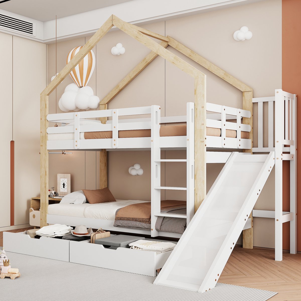 HAUSS SPOLE Stapelbedden voor kinderen - 90x200 - Kinderstapelbed met Glijbaan en 2 Lades - Grenen - Wit