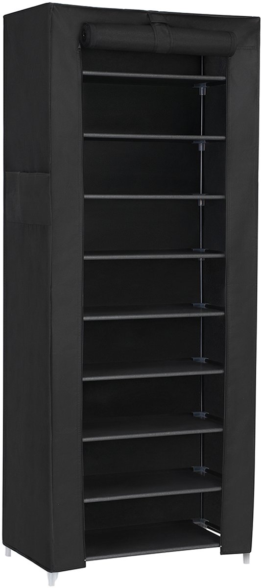 Schoenenrek opbergkast, vrijstaande opberger met 10 lagen en ademende, vochtbestendige non-woven stofhoes, ruime opbergruimte voor verschillende soorten schoenen, geschikt voor hal en slaapkamer, 58 x 28 x 160 cm, zwart.