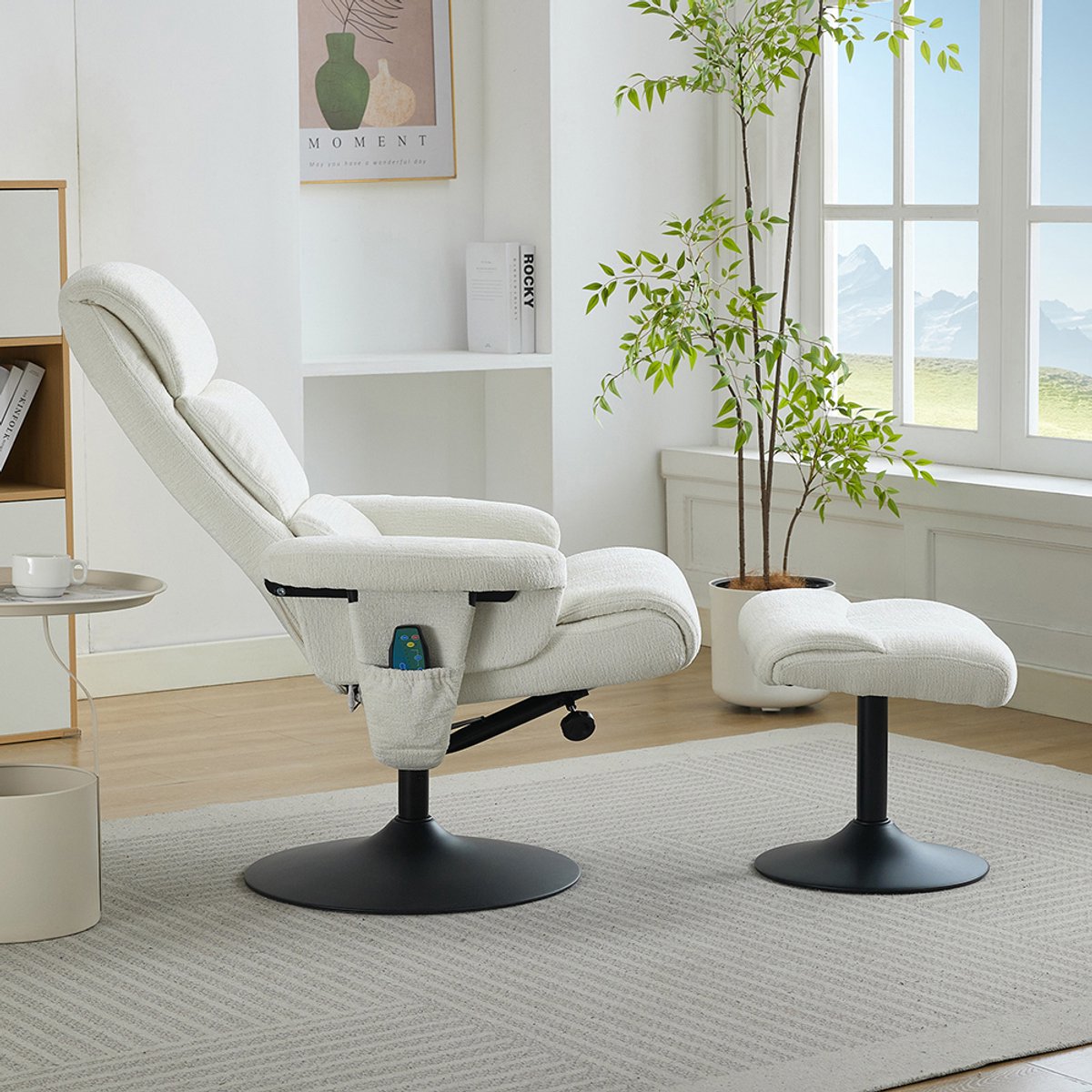 BLACKCOLORS Relaxfauteuil met kantelfunctie en 5-punts massage, tv-fauteuil met elektrische verwarming en voetsteun, 360° draaibaar, wit chenille – foto 6