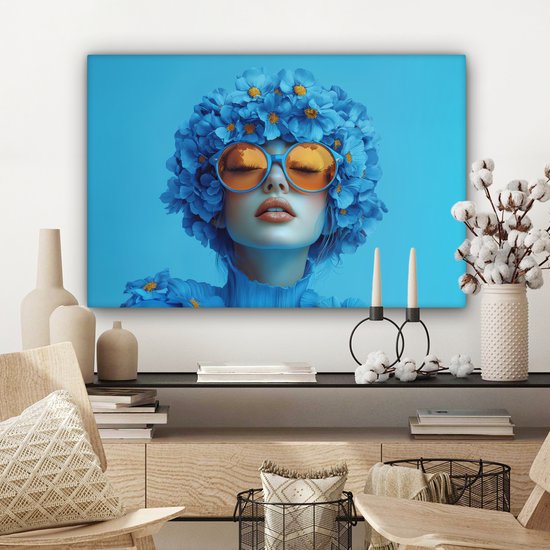 Canvas schilderij 90x60 cm - Wanddecoratie Vrouw - Bloem - Blauw - Modern - Bril - Portret - Muurdecoratie woonkamer - Slaapkamer decoratie - Kamer accessoires - Schilderijen op canvas