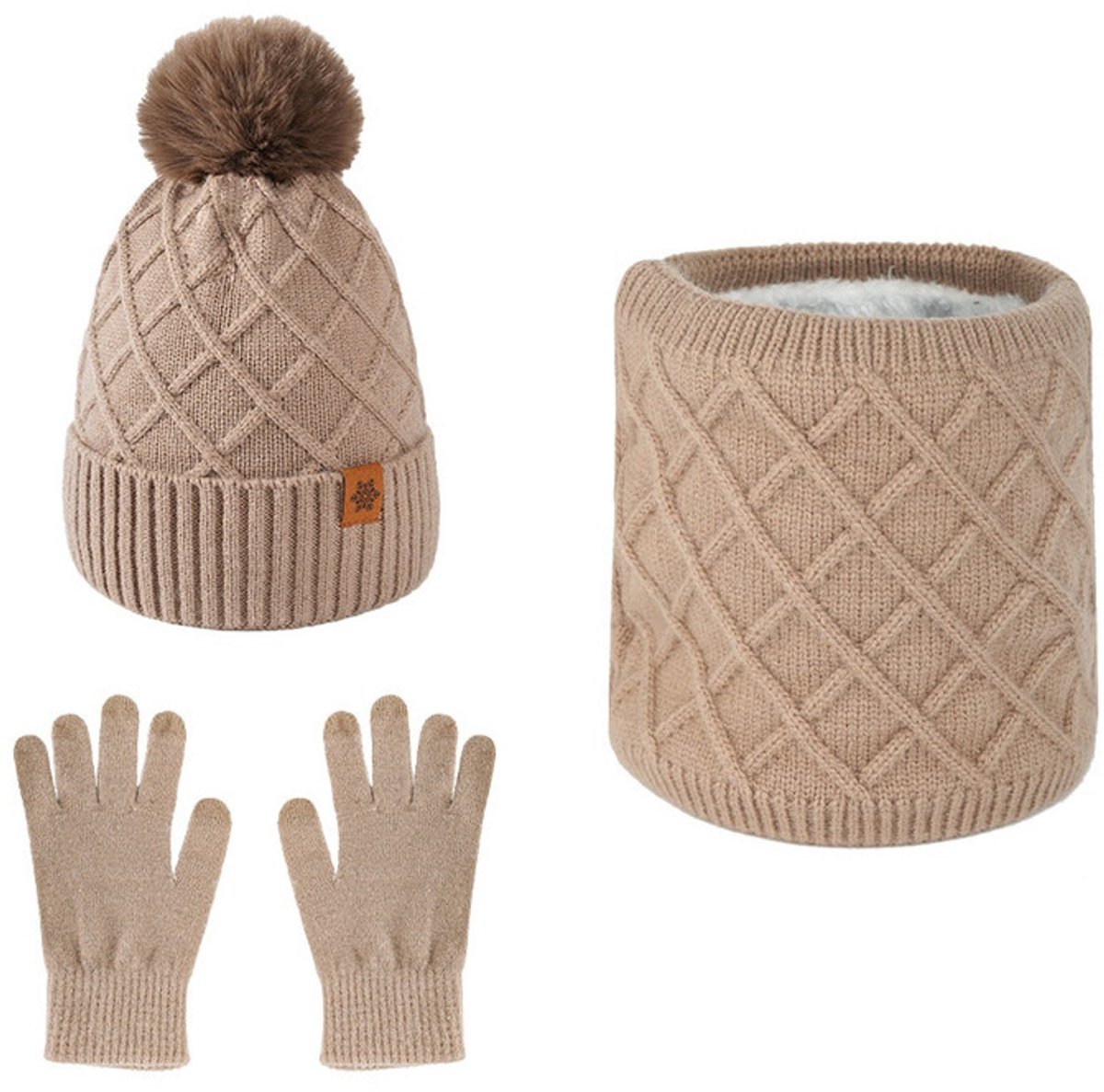Winter gebreide muts met touchscreen handschoenen en halsset voor dames, met zachte ballen, warme gebreide handschoenen en hals drie-in-één,Kaki