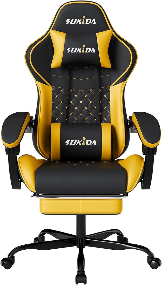 Gele Gamingstoel met Voetsteun en Massagekussen - Ergonomische Spelstoel voor Volwassenen