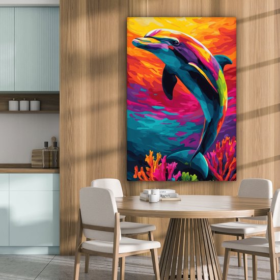 Tableau sur toile 80x120 cm - Décoration murale Dauphin - Coloré - Océan - Corail - Décoration murale salon - Décoration chambre - Accessoires chambre - Peintures sur toile