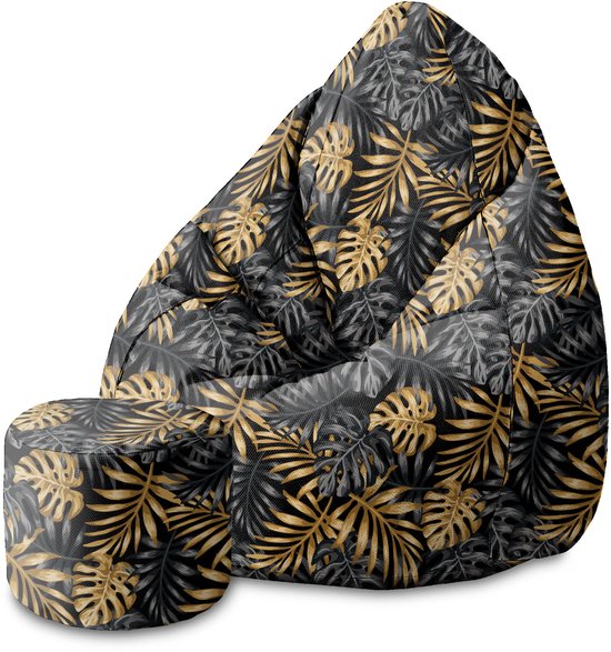DreamRoots Velvet Zitzak voor Volwassenen – Luxe Beanbag met Voetsteun en Afneembare Hoes – Inclusief Vulling – 70x70x105 cm - Gold Monstera