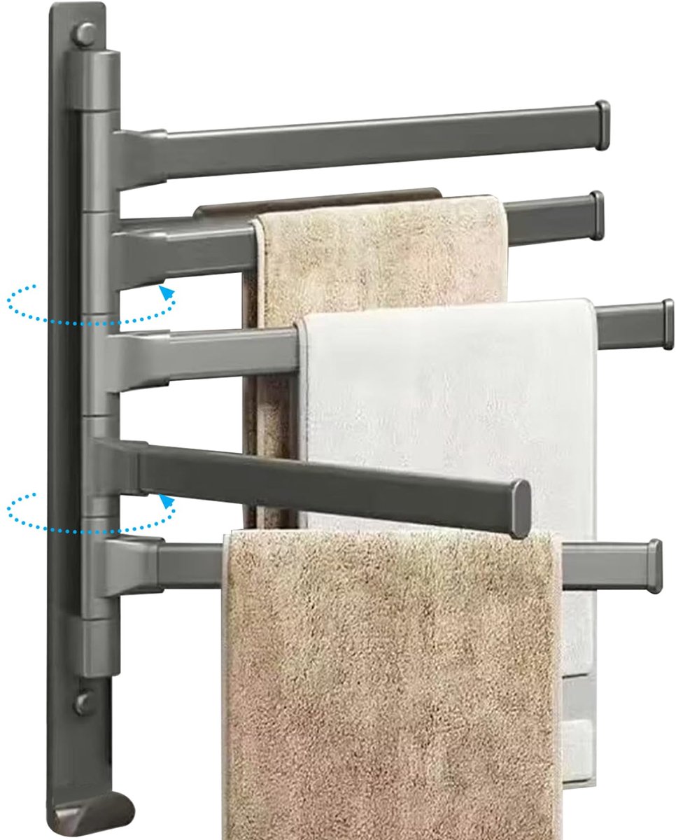 longziming -Aluminium Handdoekhouder met 5 Draaibare Armen – Zelfklevende Badkamer Handdoekrail, Ruimtebesparend & Roestvrij, Zonder Boren