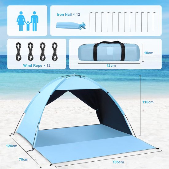 Strandtent UV-bescherming 80+ voor 2-3 personen met stabiele windbescherming - inclusief draagtas van Merkloos — afbeelding 4