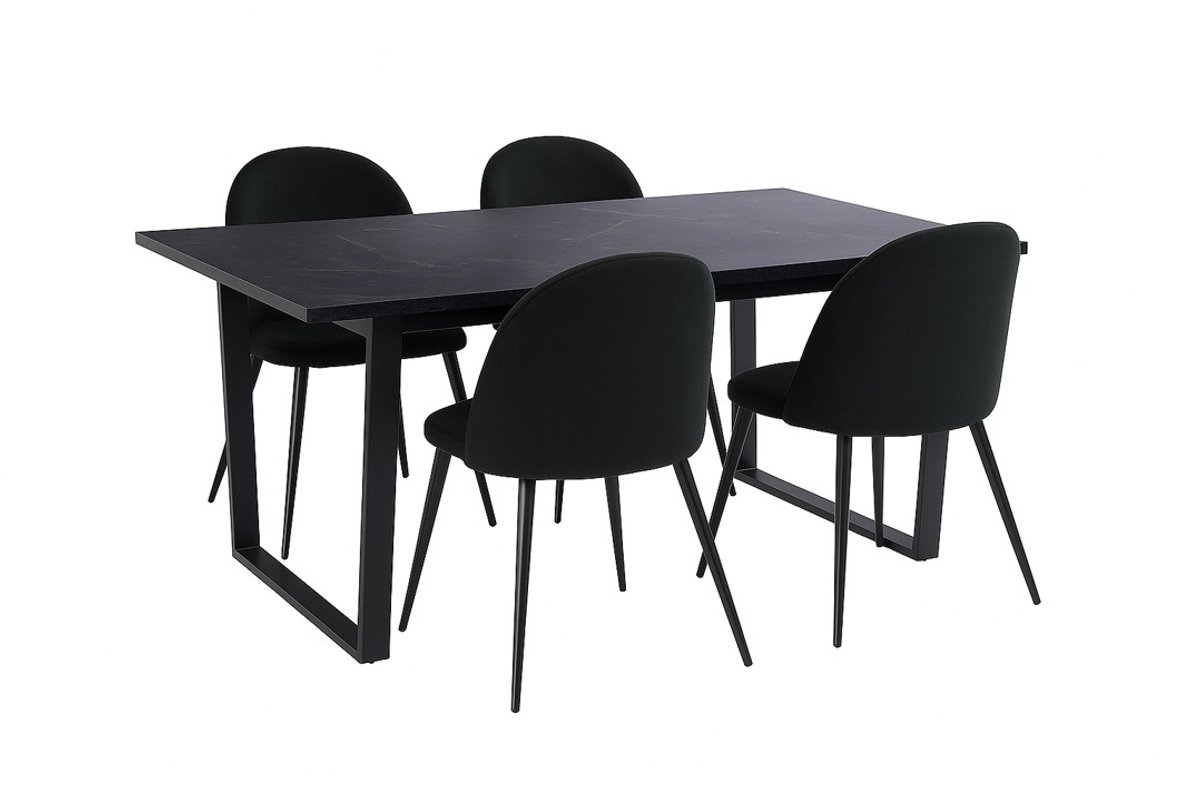 Tilst eethoek eettafel zwarte marmerprint 90x160 4 stoelen velours zwart.