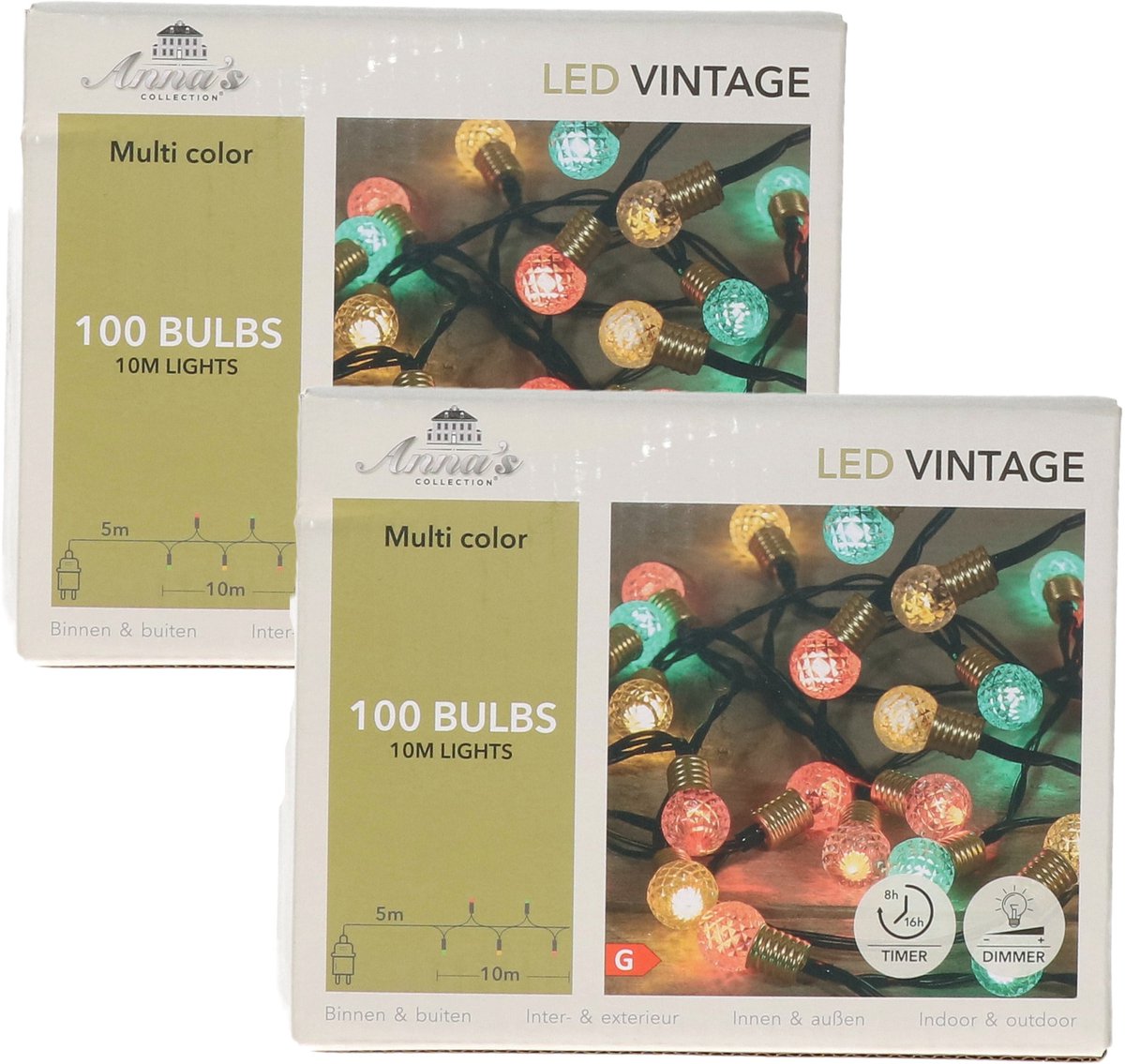 Anna's Collection Lichtsnoer - 2x - vintage bolletjes - 100 led lampjes - groen/rood/wit - 10 m - sfeerverlichting - kerstverlichting
