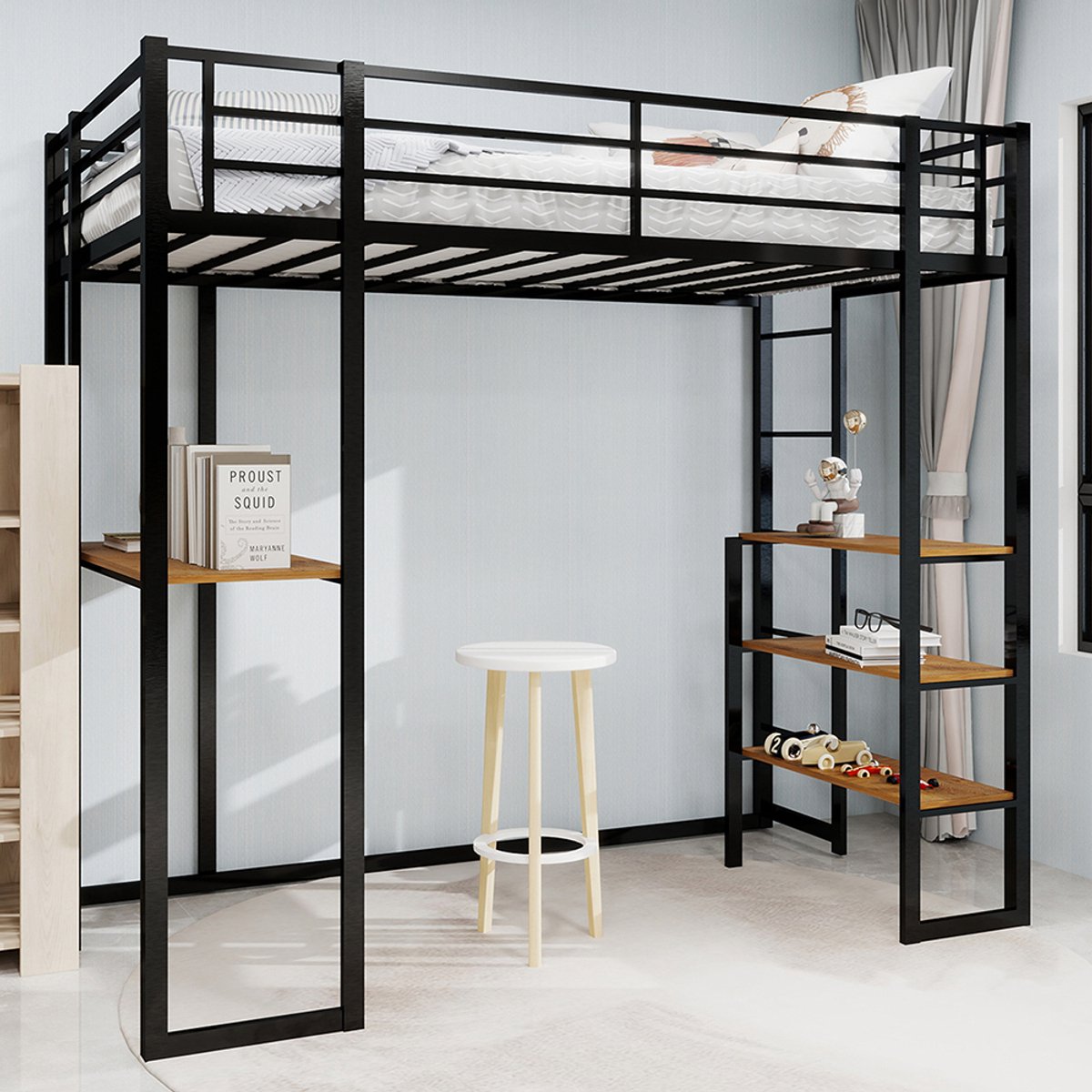 BLACKCOLORS IJzeren bedframe met bed en tafel, kinder- en tienerbed met L-vormig bureau, ijzeren bedframe met veiligheidshek en trap, kan overal worden geplaatst dankzij de trap aan beide zijden