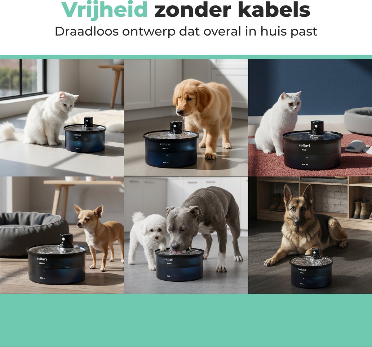 Cellavi R3A-X - Draadloze RVS Drinkfontein Kat met Sensor - Waterfontein voor Kat en Hond met 3 Standen - Kattenfontein 3.2L - 5200mAh Batterij - Fluisterstil thumbnail 8