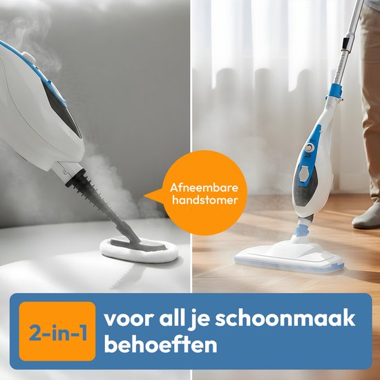 Collage van een stoomreiniger in handmodus die stoom uitstoot op een oppervlak en een stoomreiniger in staande modus die wordt gebruikt op een houten vloer.