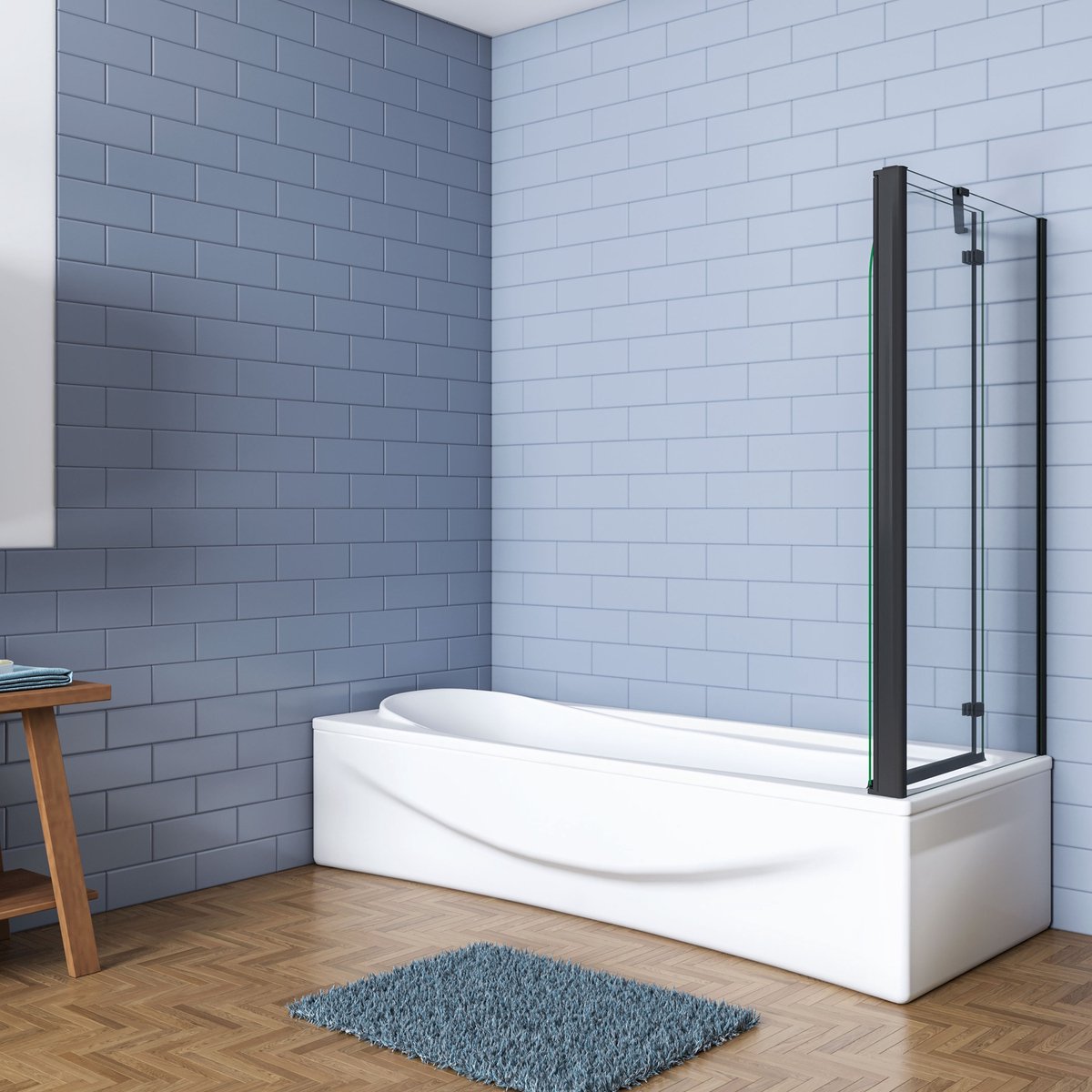 Aica Luxe Badwand 100x80x140cm-2-Delig Inklapbaar 6mm Transparant Easy Clean Gehard Glas-mat zwart-Eenvoudige Montage