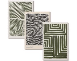 Wallfluent Set van canvas schilderijen - Patronen van lijnen en vormen in tinten groen Canvas Schilderijen Set - set 3 stuks 20x30 cm - Groente Set van Canvas Prints - Abstractie Canvas Kunst Set - Boheemse Canvas Kunst Set