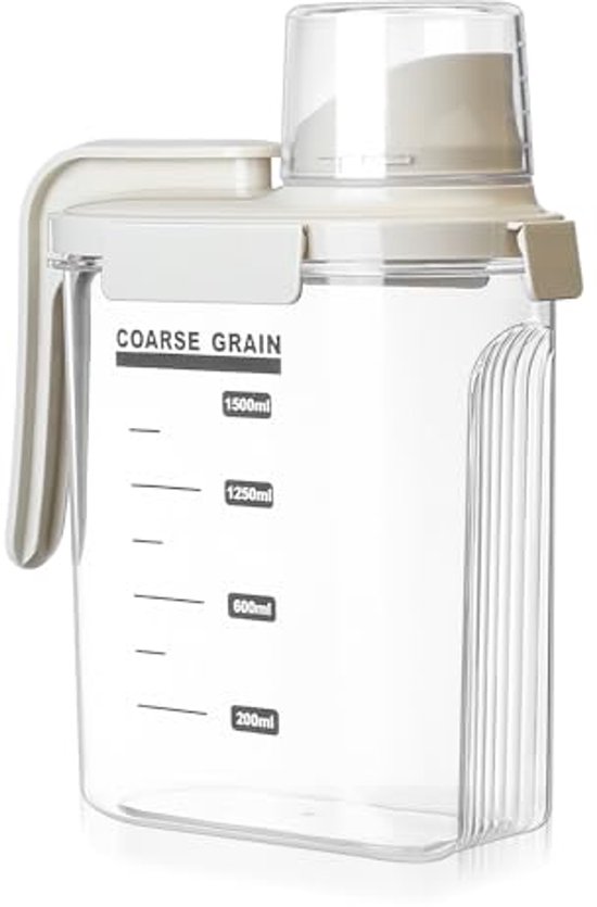 Tokokimo 2300 ml luchtdichte wasmiddeldispenser met maatbeker, wasmiddeldoos voor poeder, multifunctionele waspoederdispenser, geschikt voor waspoeder, wasmiddel, granen, 1 stuk, wit