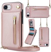 Geschikt Voor iPhone 17e / 16e Hoesje Met Koord - Solidenz Portemonnee - Telefoonhoesje Met Koord - Wallet Case - Cover Hoes Met Koordje - Backcover Met Koord - Rosegoud