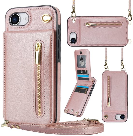 Geschikt Voor iPhone 17e / 16e Hoesje Met Koord - Solidenz Portemonnee - Telefoonhoesje Met Koord - Wallet Case - Cover Hoes Met Koordje - Backcover Met Koord - Rosegoud