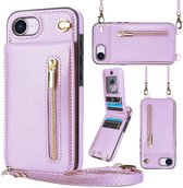 Geschikt Voor iPhone 17e / 16e Hoesje Met Koord - Solidenz Portemonnee - Telefoonhoesje Met Koord - Wallet Case - Cover Hoes Met Koordje - Backcover Met Koord - Paars