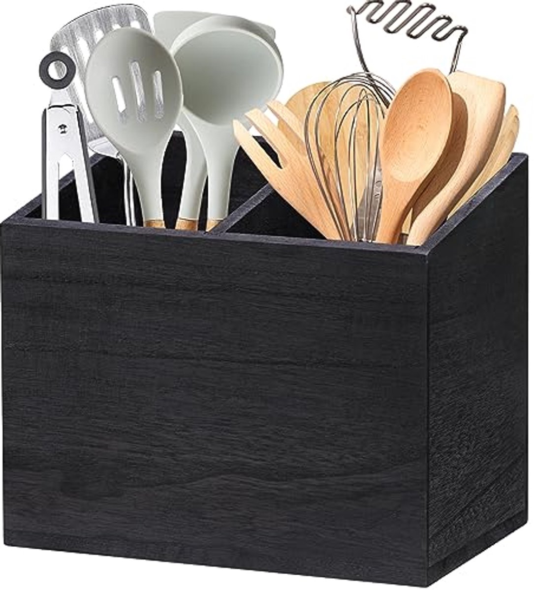 Houten keukengerei caddy met 2 compartimenten voor efficiëntie en stijl in de keuken