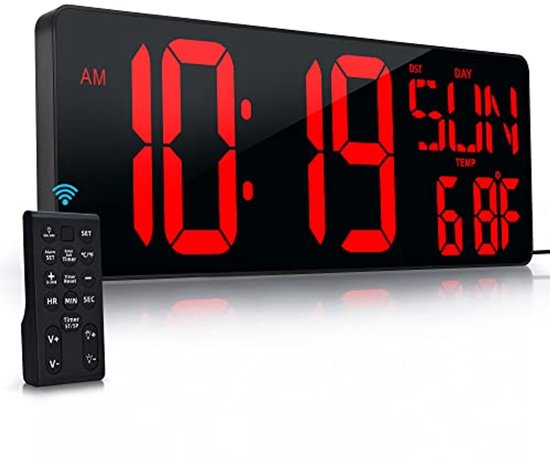 LYtech 13 Inch Colorful Large Digital Wall Clock with DST Remote Control Digital Calendar with Adjustable Brightness with Temperature Alarm Clock Date Day Reverse for Living Room Home
