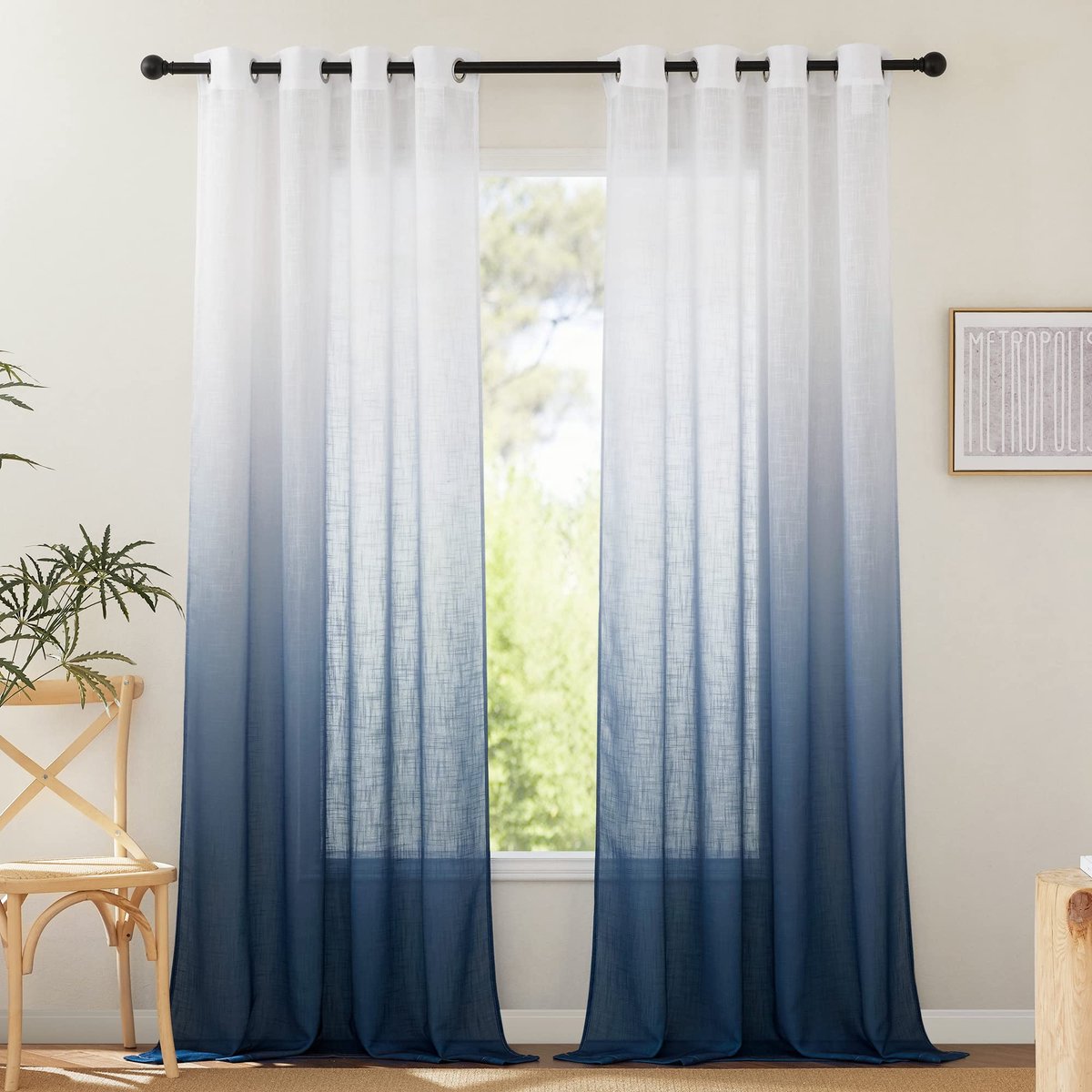 Azomor® Set van twee semi-transparante gordijnen met kleurverloop en linnen uitstraling 140 x 245 cm