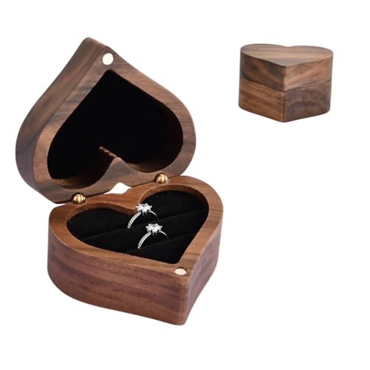 Hartvormige Ringendoos van Walnoot - Sieradenbox voor Bruiloft en Verloving