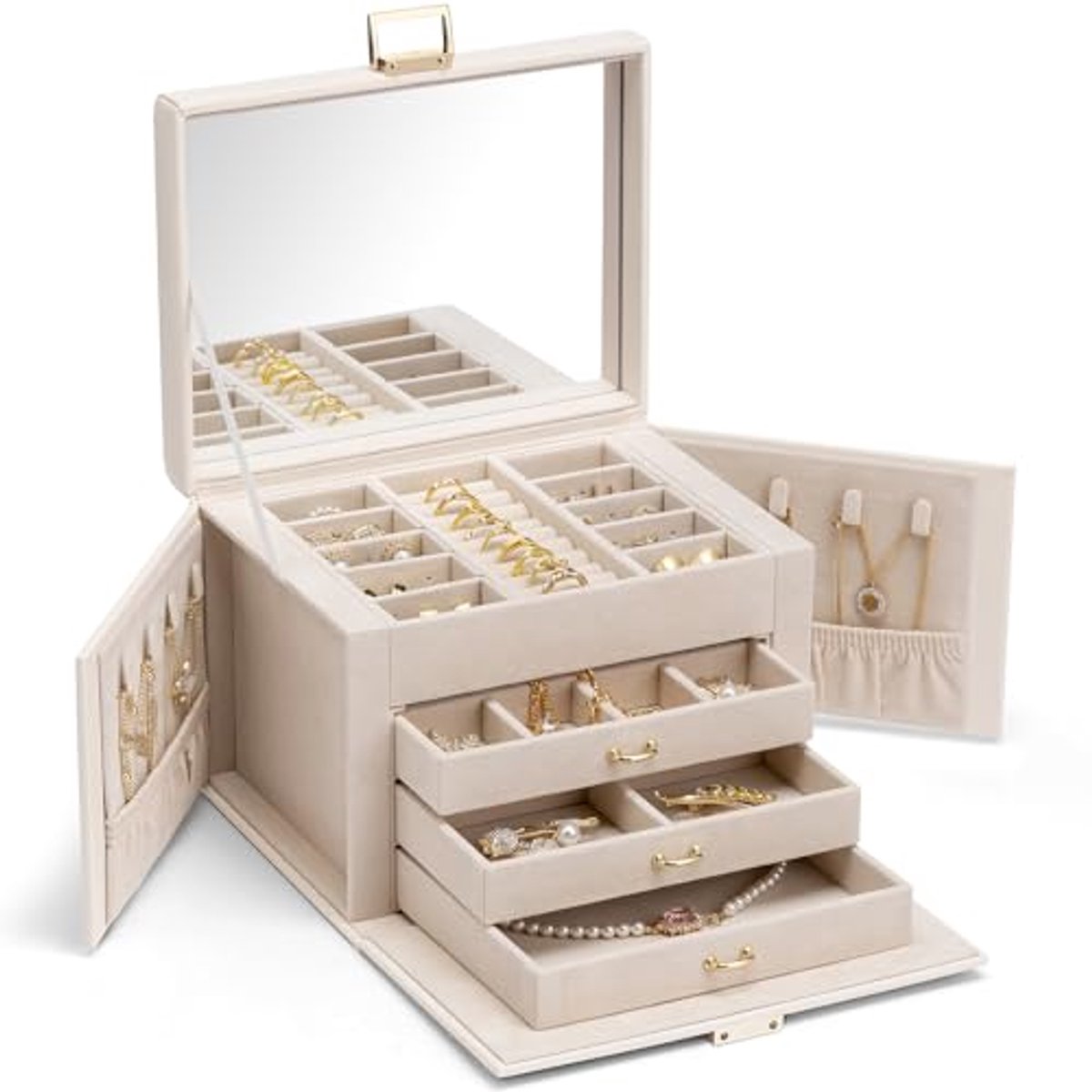 Sieradenbox voor Dames - Nepleren Sieradenopbergdoos met Spiegel voor Oorbellen, Halskettingen en Ringen