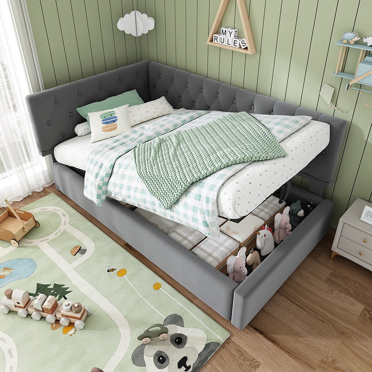 KOMHTOM Gestoffeerd bed, dagbed, rustbed 90x200cm, slaapbank met hydraulische opbergruimte, kinderbed, tienerbed, bedframe met houten lattenbodem, fluweel, grijs, zonder matras.