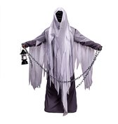 Spookkostuum met kettingen en lantaarn, donkergrijs gewaad met rafelige witte laag eroverheen, capuchon bedekt het gezicht.