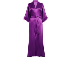 Prodesign Women's Dressing Gown Long Satin Bathrobe Kimono Robe Negligee 3/4 Feather Sleeves Loungewear Sleeping Gown Women's Nightwear, Lilac, One Size, lila, One size
