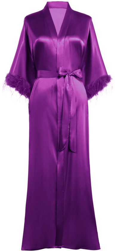 Prodesign Women's Dressing Gown Long Satin Bathrobe Kimono Robe Negligee 3/4 Feather Sleeves Loungewear Sleeping Gown Women's Nightwear, Lilac, One Size, lila, One size
