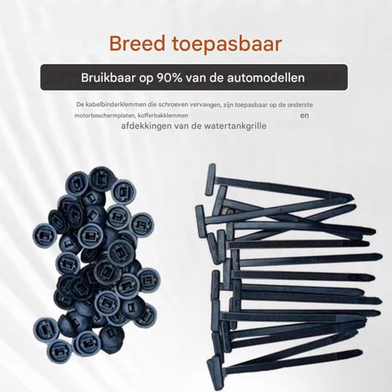 Grote groep zwarte kabelbinders naast een hoopje knoppen. Tekst "Breed toepasbaar - Bruikbaar op 90% van de automodellen".