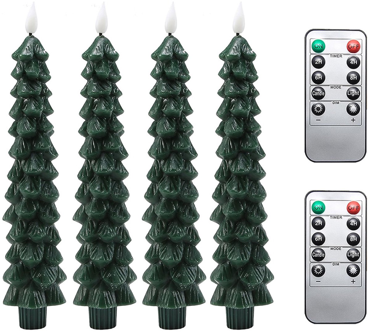 Kerstboomkaarsen met Afstandsbediening en Timer - Flikkerend - LED-Kaarsen - Batterijgevoede Vlamloze Kaarsen met 3D-Lonten - Groene Kaarsen voor Open Haard en Huis - 4-Pack