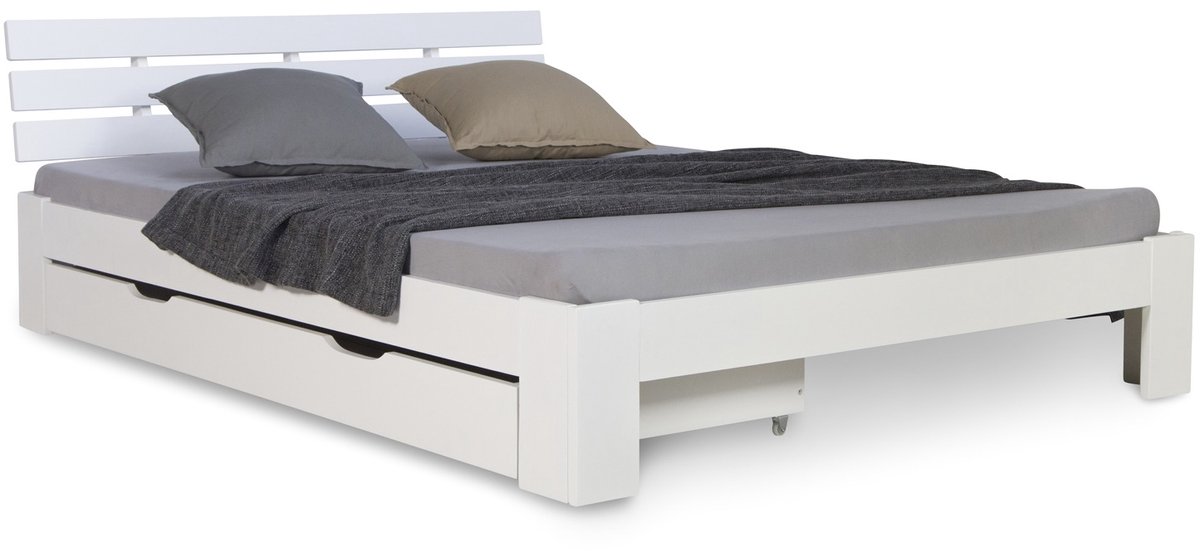Homestyle4u Tweepersoonsbed - 140x200 cm - met bedbak - Lattenbodem - Wit