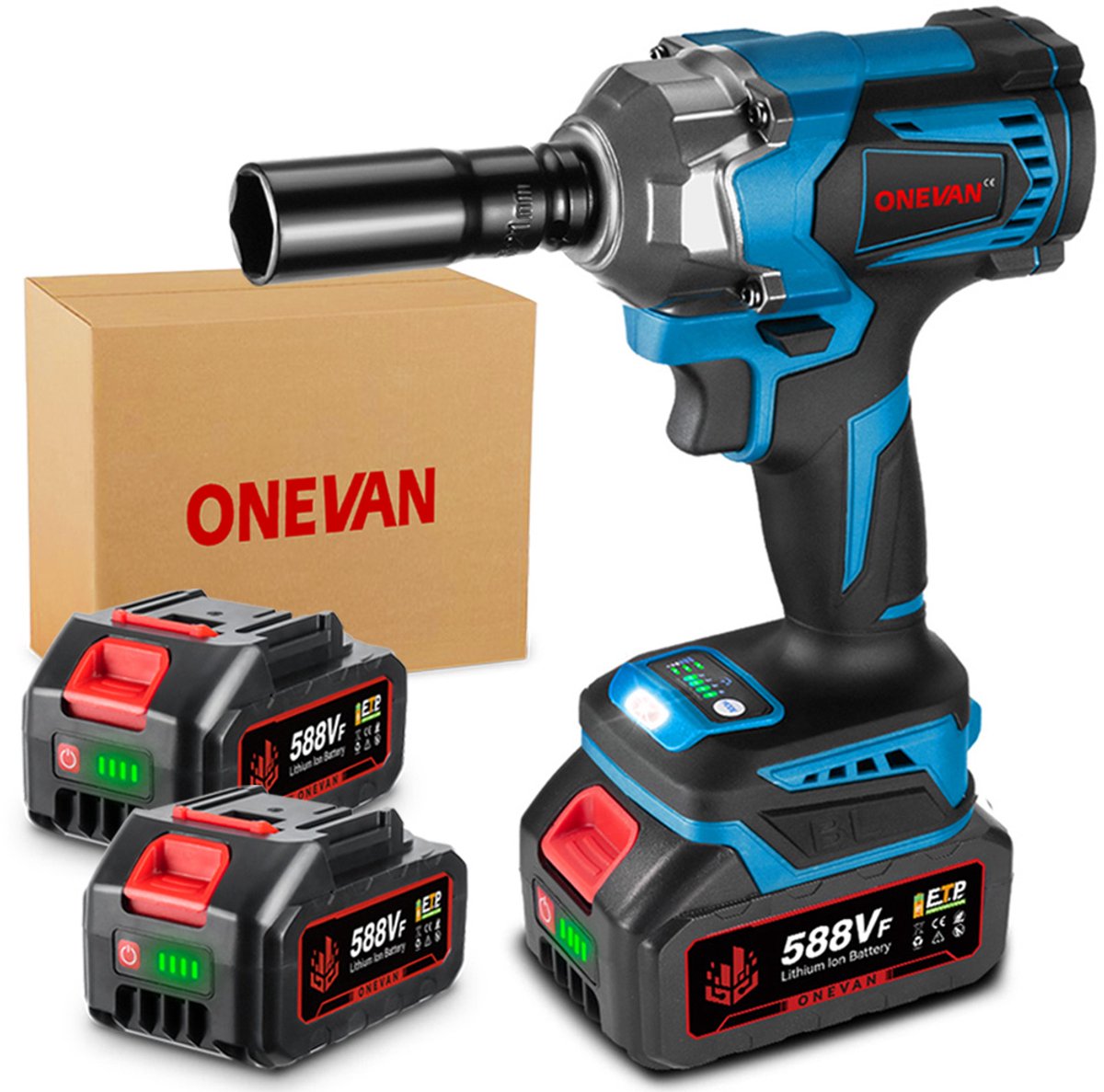 ONEVAN Accu Slagmoersleutel - 1000Nm Borstelloze Slagschroevendraaier - met 2 x lithium-accu - 1/2 " Draadloze slagmoersleutel - voor huis en auto