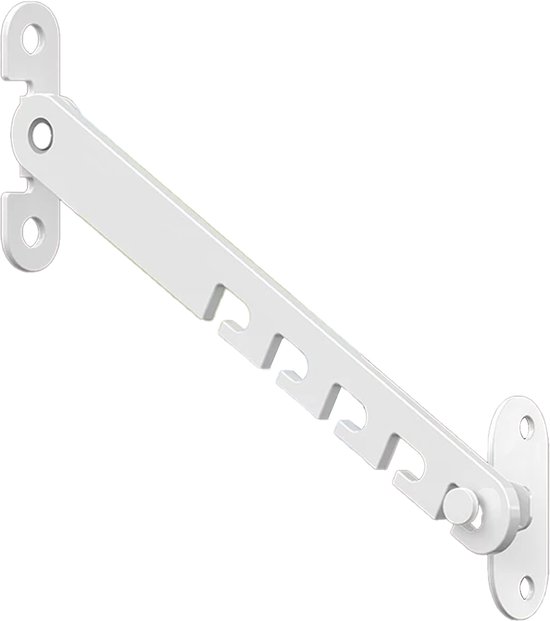 Wit metalen raamvastzetter met scharnierende arm en inkepingen, geïsoleerd op witte achtergrond.