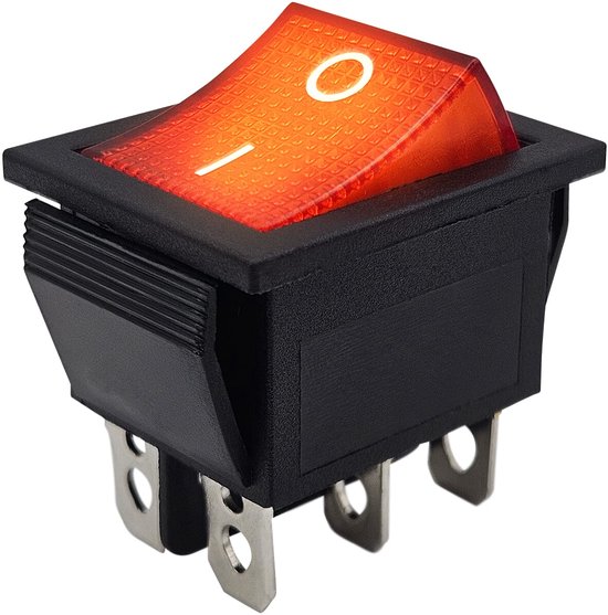 Rode tuimelschakelaar met verlichte kap, I/O markering en metalen pootjes.