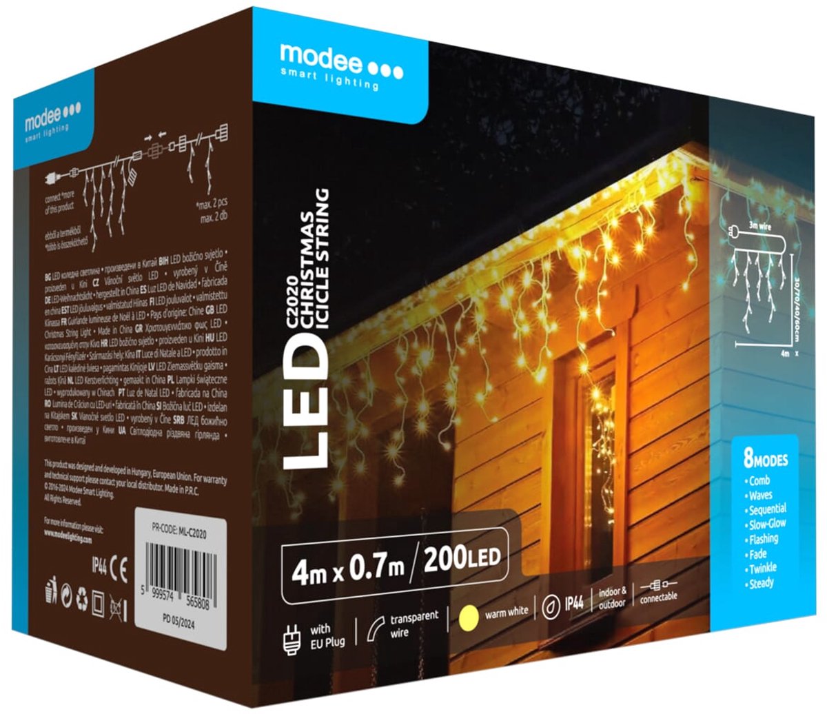 Modee IJspegel Verlichting Buiten 4 Meter - Kerstverlichting voor Buiten en Binnen - Verlengbaar - 70cm Hoog - 200 LED Lampjes - 8 Lichtstanden - IP44 - 2700K - Warm Wit Licht - Per stuk